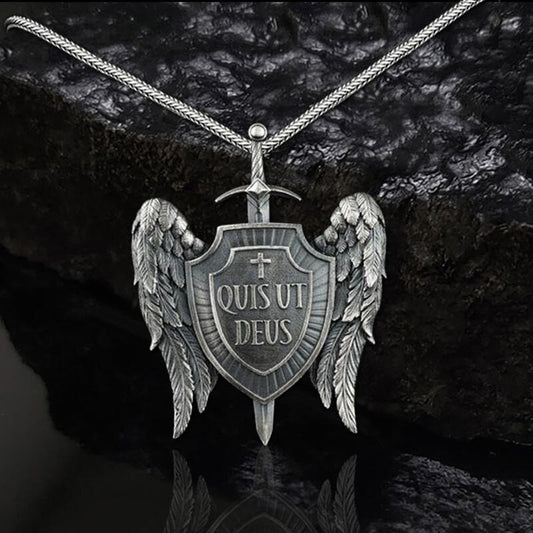 Michael Sword & Shield Archangel Wings Pure Tin Necklace