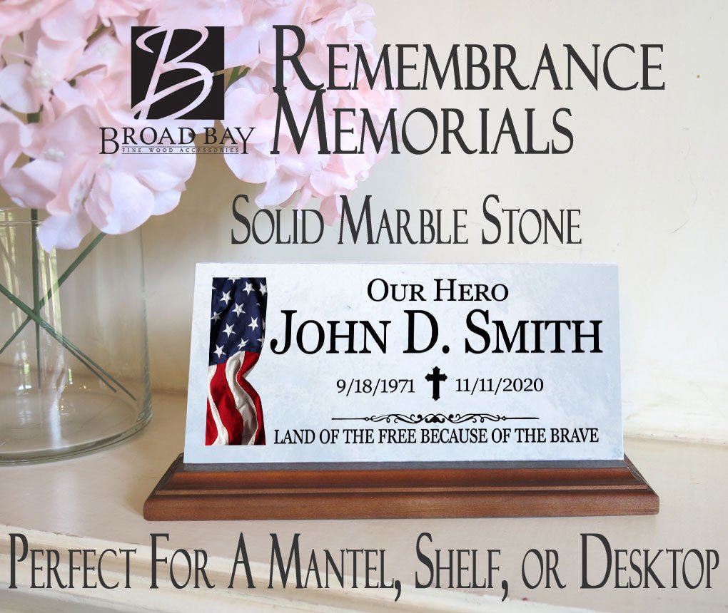 Military Memorial Desk Plaque – Personalized Marble Tribute With Name, Dates & Flag