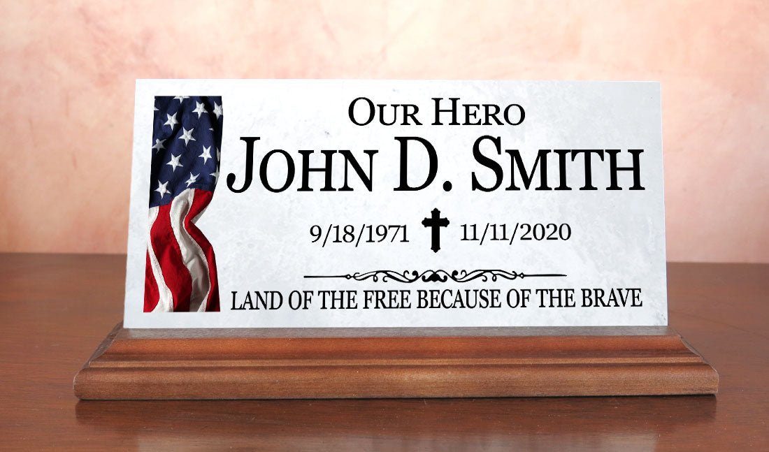 Military Memorial Desk Plaque – Personalized Marble Tribute With Name, Dates & Flag