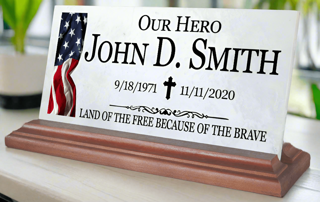 Military Memorial Desk Plaque – Personalized Marble Tribute With Name, Dates & Flag