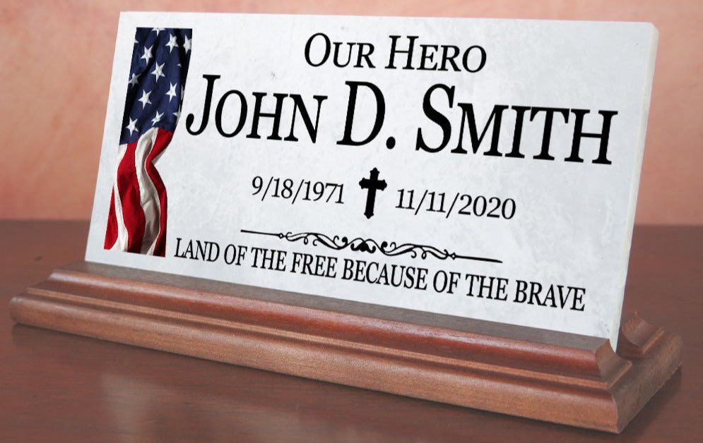 Military Memorial Desk Plaque – Personalized Marble Tribute With Name, Dates & Flag