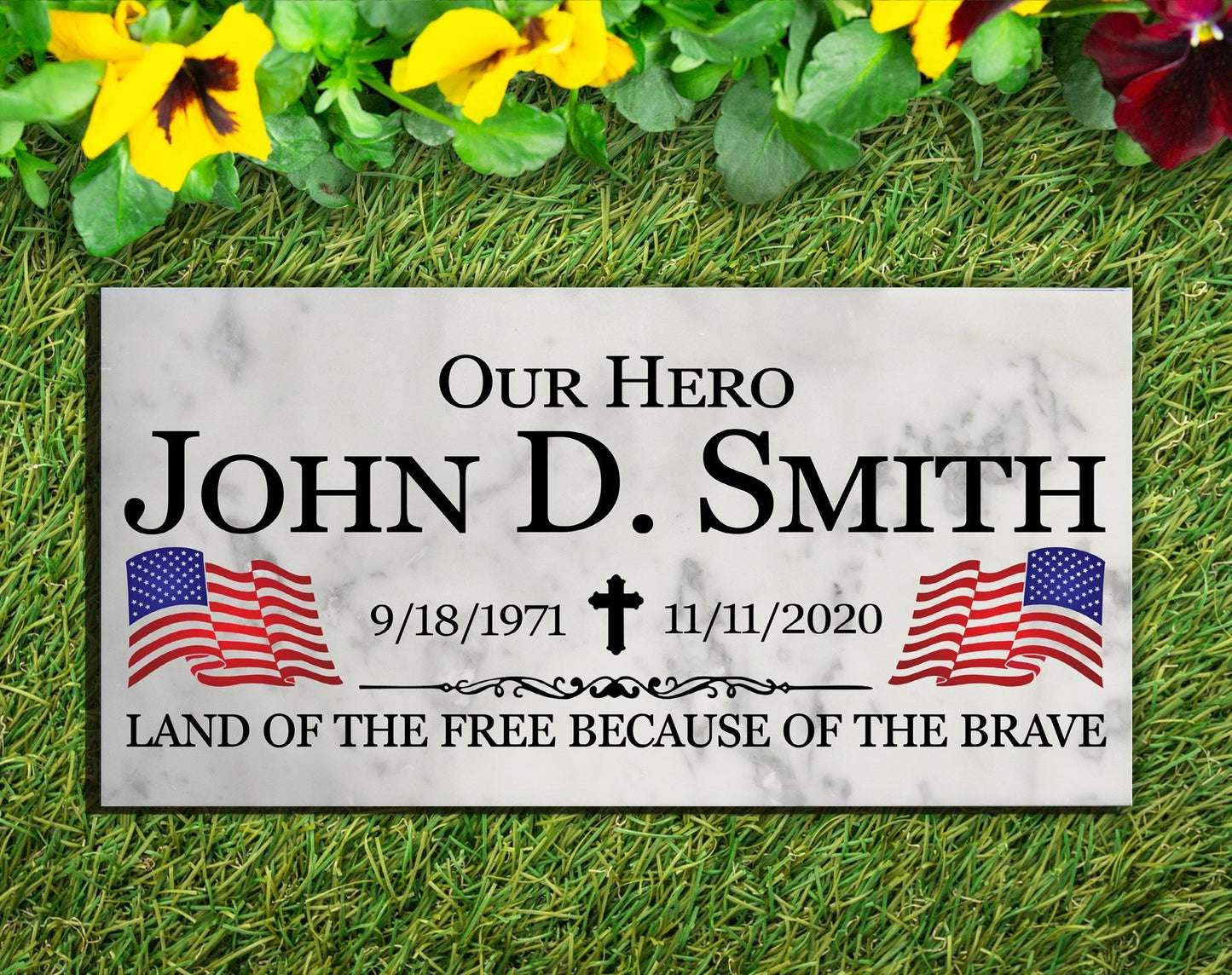 Military Memorial Garden Plaque – Personalized Marble Tribute With Flags & Dates