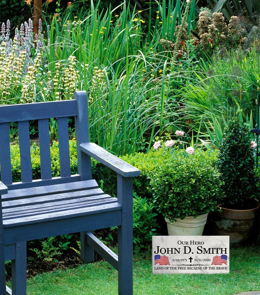 Military Memorial Garden Plaque – Personalized Marble Tribute With Flags & Dates