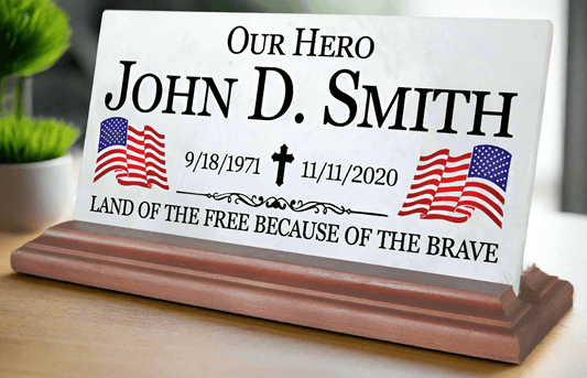 Military Hero Memorial Desk Plaque – Personalized Marble Tribute With Dual Flags