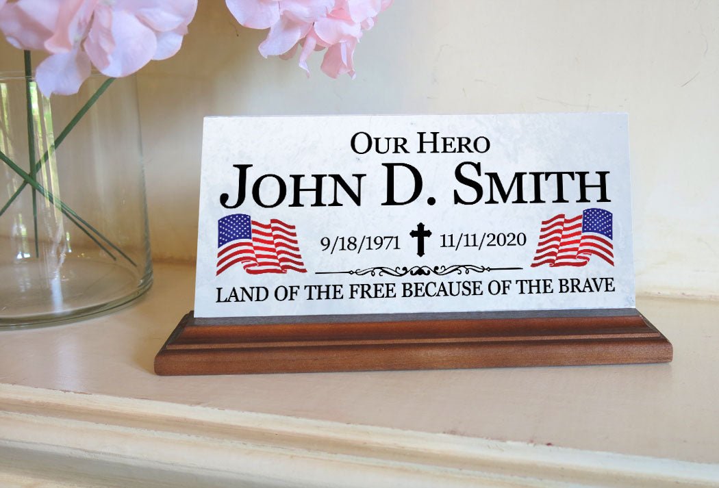 Military Hero Memorial Desk Plaque – Personalized Marble Tribute With Dual Flags