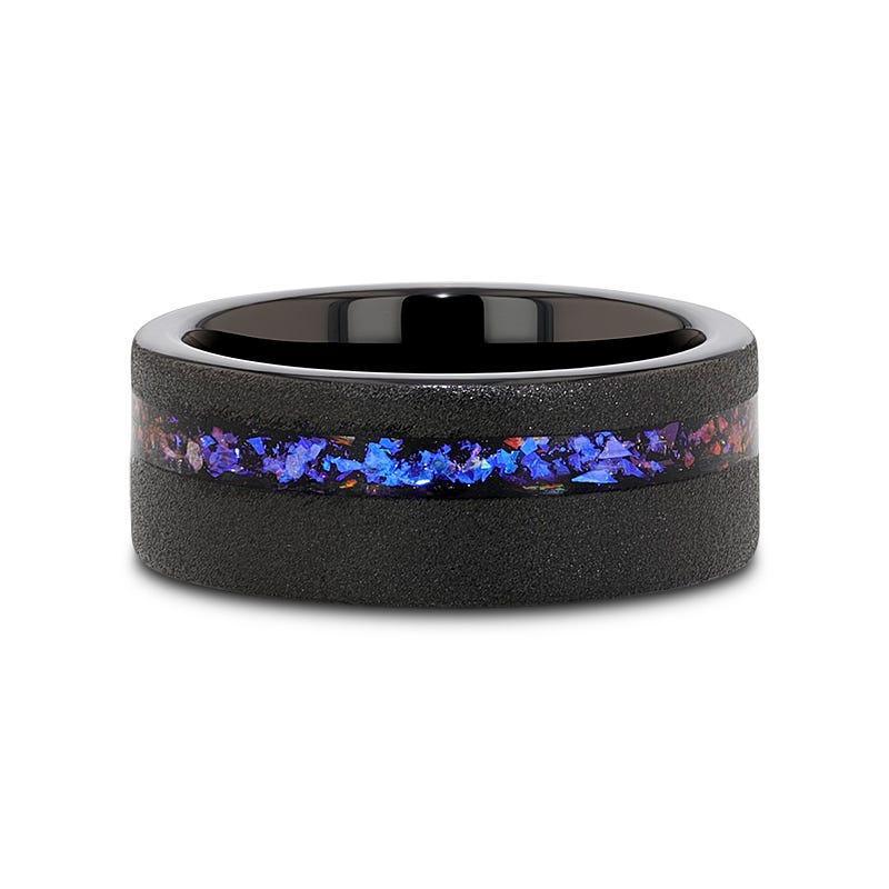 MIRAGE Sandblasted Black Tungsten Ring with Crushed Alexandrite and Dark Blue/Purple Crushed Goldstone – 8mm