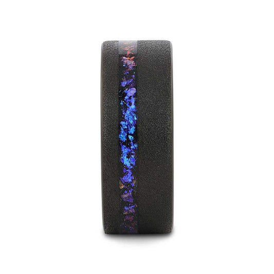 MIRAGE Sandblasted Black Tungsten Ring with Crushed Alexandrite and Dark Blue/Purple Crushed Goldstone – 8mm