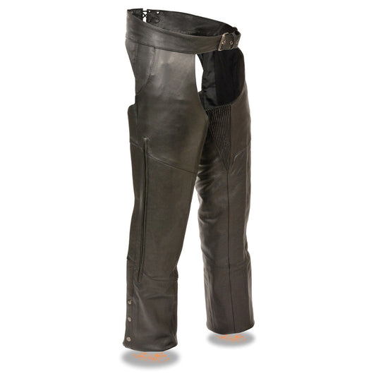 Milwaukee Leather Chaps for Men's Black Vented Premium Leather Motorcycle Chaps w/ Side Pocket-Stretch Thigh-ML1129