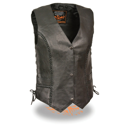 Milwaukee Leather ML1255 Women's Black Braided Premium Leather Side Lace Motorcycle Rider Vest