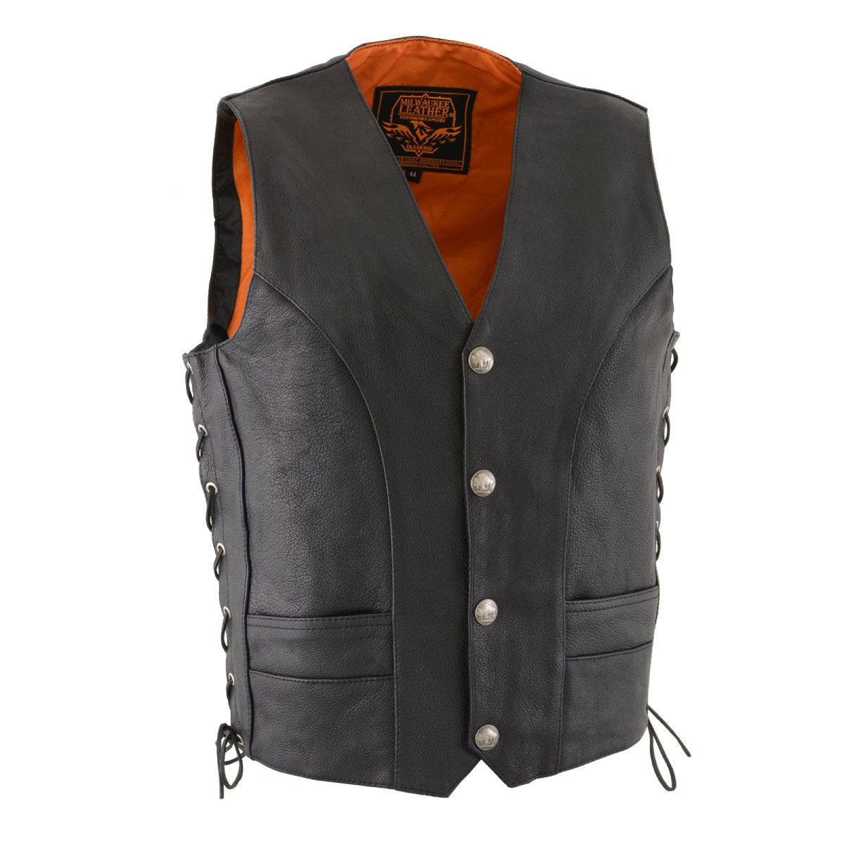 Milwaukee Leather ML1369 Men's Black Premium Leather Side Lace Motorcycle Rider Vest w/ Buffalo Nickel Snaps Closure