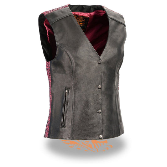 Milwaukee Leather MLL4570 Women's Studded Phoenix Black/Fuchsia Leather Motorcycle Vest w/ Embroidery Art