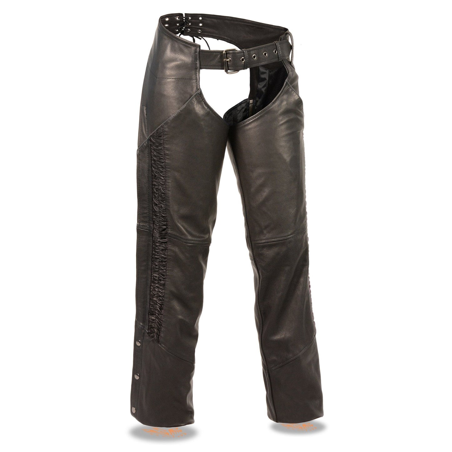 Milwaukee Leather Women's Black Leather Hip Set Motorcycle Chaps w/ Crinkled Leg Striping MLL6500