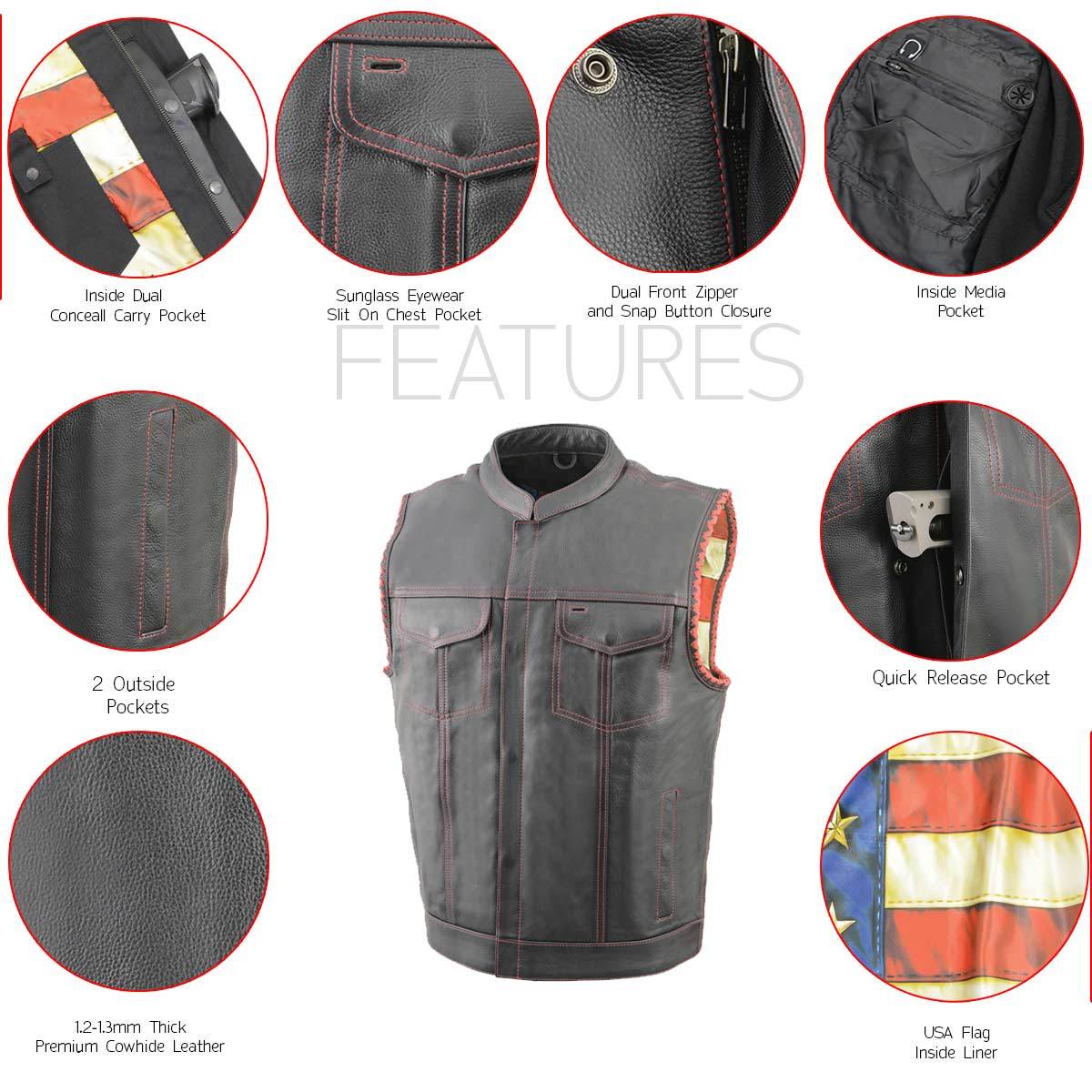 Milwaukee Leather MLM3506 Men's Black Premium Leather Vest - Old Glory Laced Armholes Red Stitching Club Style Vest