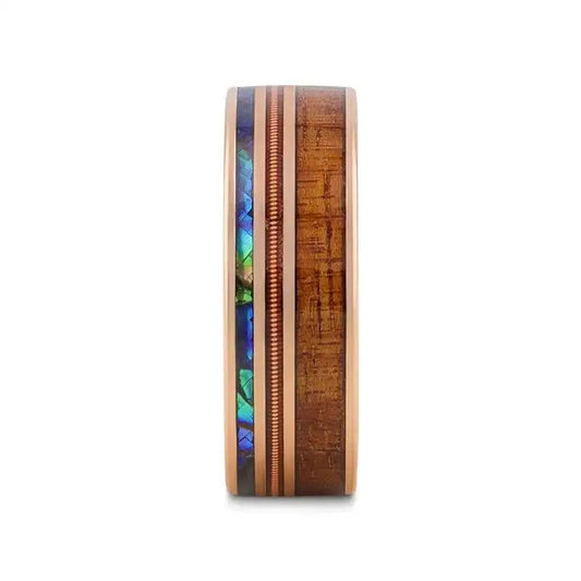 MOANA Smoked Rose Gold Tungsten Ring with Hawaiian Koa Wood, Abalone Shell & Guitar String – 8mm