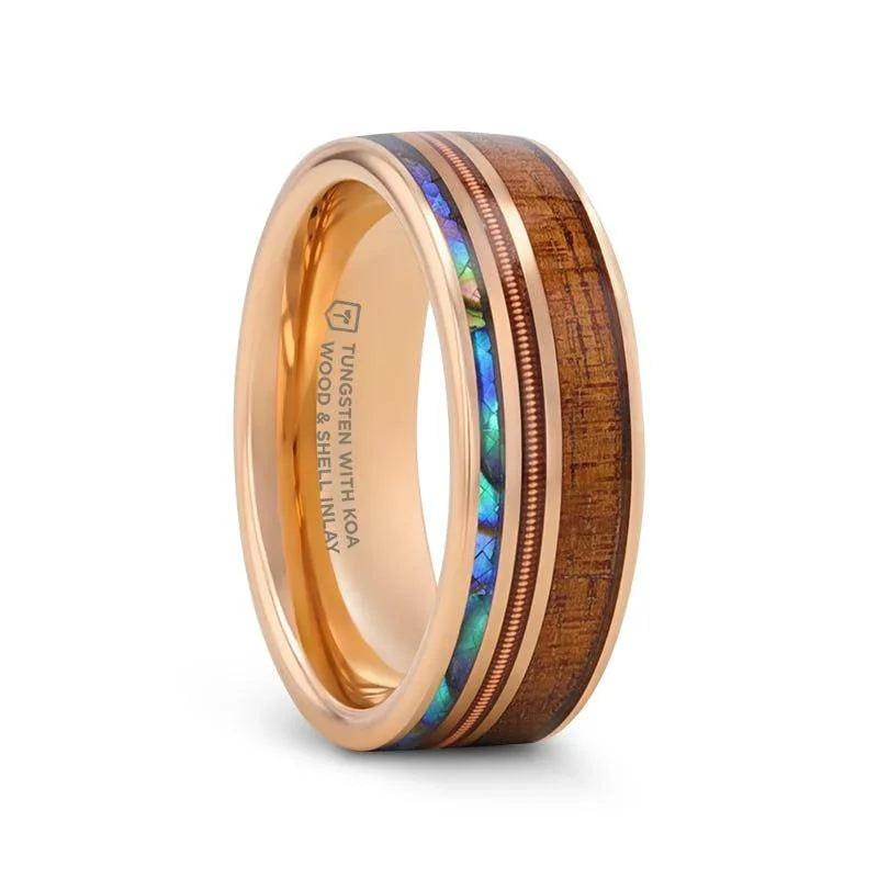MOANA Smoked Rose Gold Tungsten Ring with Hawaiian Koa Wood, Abalone Shell & Guitar String – 8mm