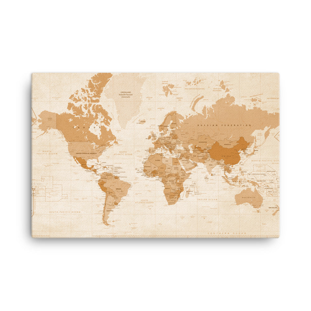 Sepia World Map Hand Stretched 36 x 24 Canvas