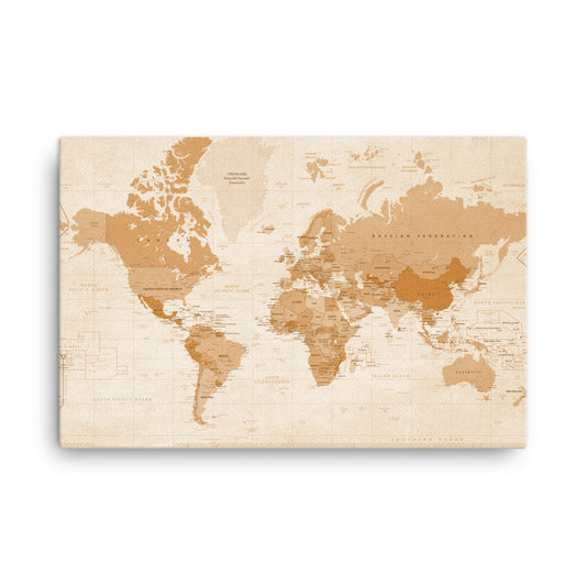 Sepia World Map Hand Stretched 36 x 24 Canvas