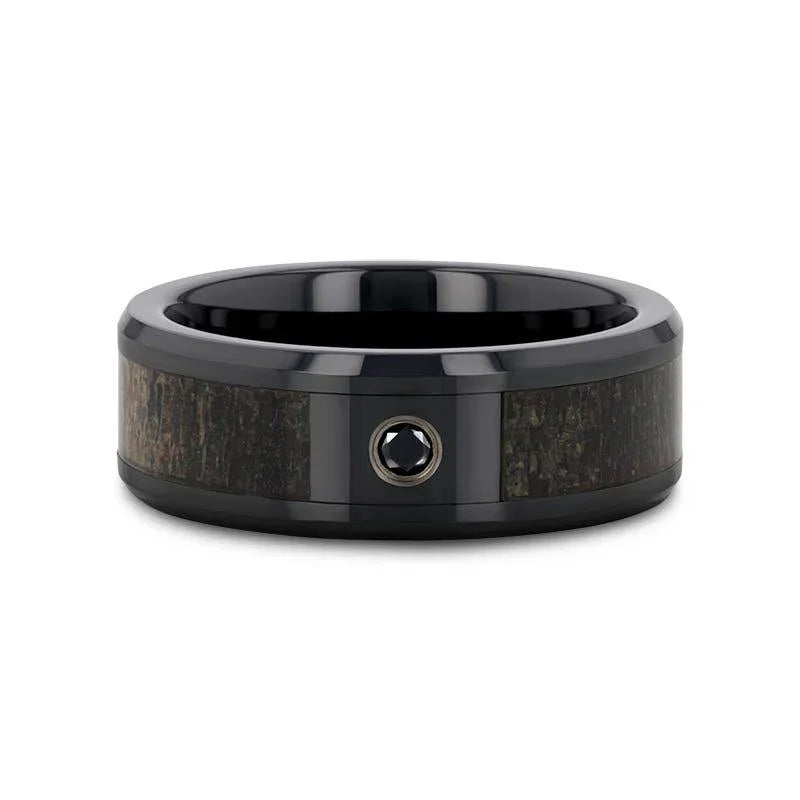 MONTANA Black Ceramic Ring with Ombre Deer Antler Inlay Polished Beveled Edges with Black Diamond - 8mm