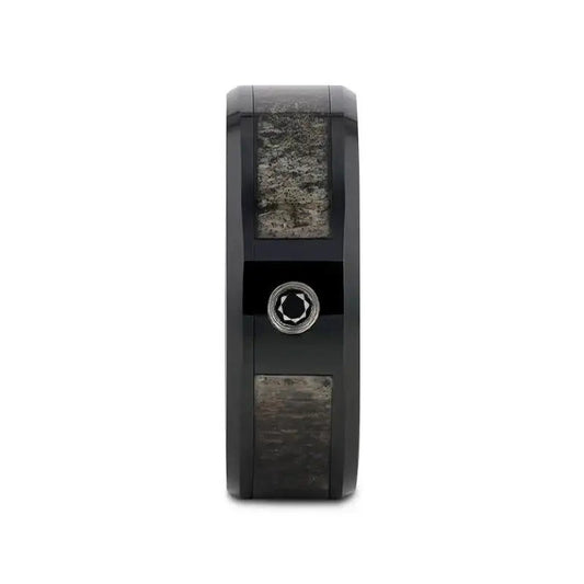 MONTANA Black Ceramic Ring with Ombre Deer Antler Inlay Polished Beveled Edges with Black Diamond - 8mm