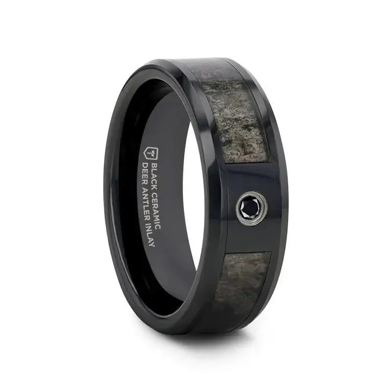 MONTANA Black Ceramic Ring with Ombre Deer Antler Inlay Polished Beveled Edges with Black Diamond - 8mm