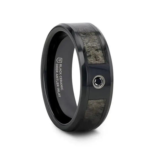 MONTANA Black Ceramic Ring with Ombre Deer Antler Inlay Polished Beveled Edges with Black Diamond - 8mm
