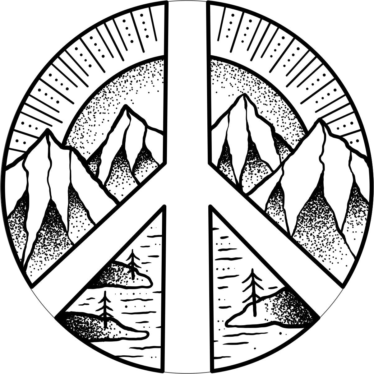 White Vinyl Mountain Peace Sign Spare Tire Cover for Jeep, RV, Bronco, Camper, Trailer, & More