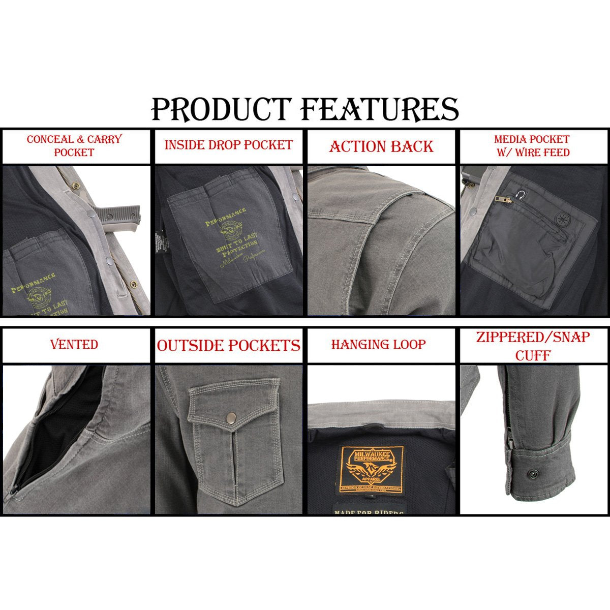 Milwaukee Leather Men's Pitfall Gray CE Armored Flannel Shirt with Aramid Reinforced Zones - MPM1621