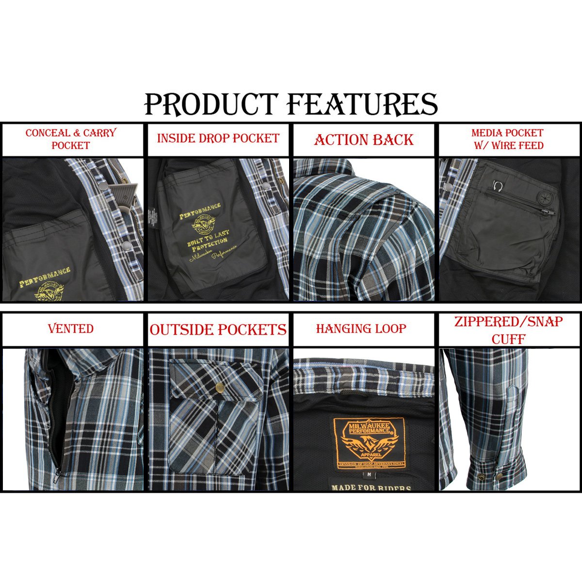 Milwaukee Leather MPM1636 Men's Long Sleeve Flannel Biker Shirt w/ CE Approved Armor - Reinforced w/ Aramid Fiber