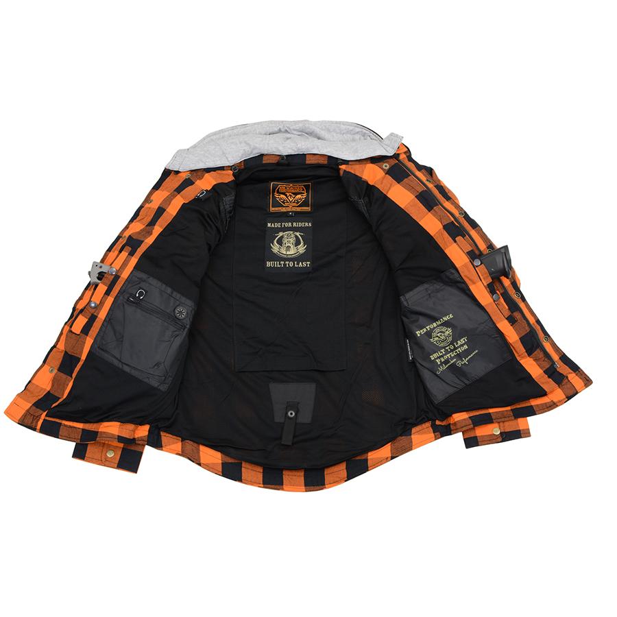 Milwaukee Leather Men's Titans Orange Hooded CE Armored Flannel Shirt with Aramid Reinforced Zones - MPM1642