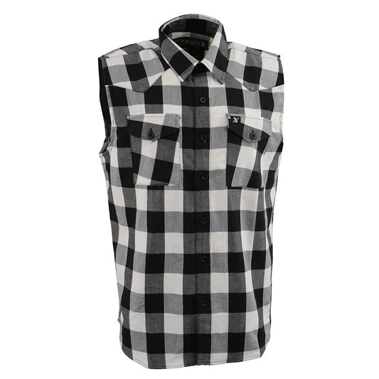 Milwaukee Leather Men's 'Open Road - White Line' Black/White Sleeveless Flannel - Cotton Button Up Shirt - MPM1647