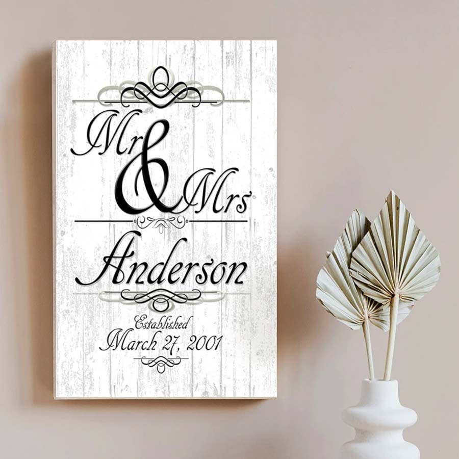 Mr & Mrs Wedding Gift Sign Personalized Name and Established Date Solid Wood