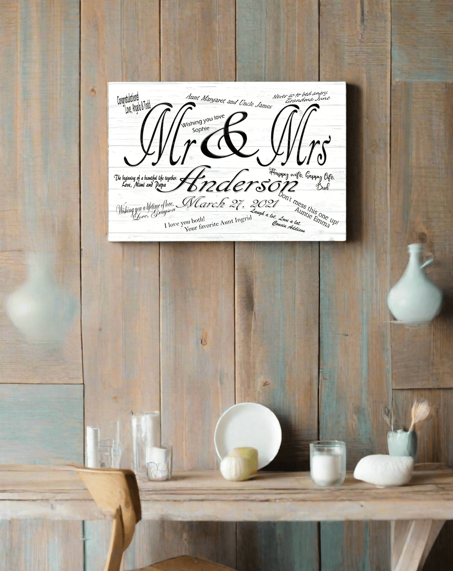 Mr & Mrs Wedding Sign Gift Signable Custom with Names & Date For Reception Signatures and Guest Notes