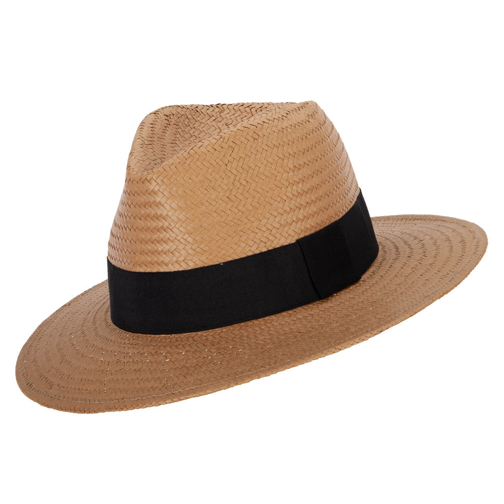 Men's Toyo Paper Braid Wide Ribbon Band Accented Large Brim Fedora Hat