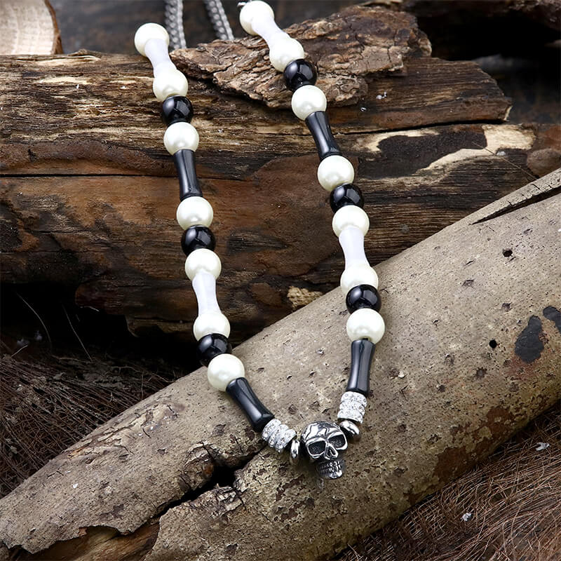 Multi-color Gemstone Beaded Stainless Steel Skull Necklace