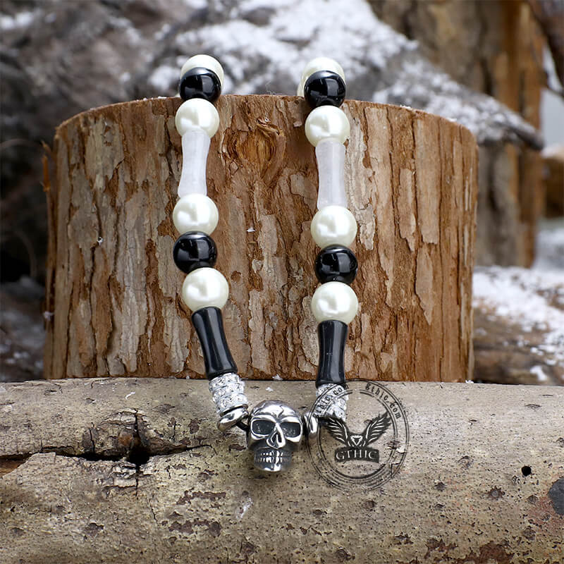 Multi-color Gemstone Beaded Stainless Steel Skull Necklace