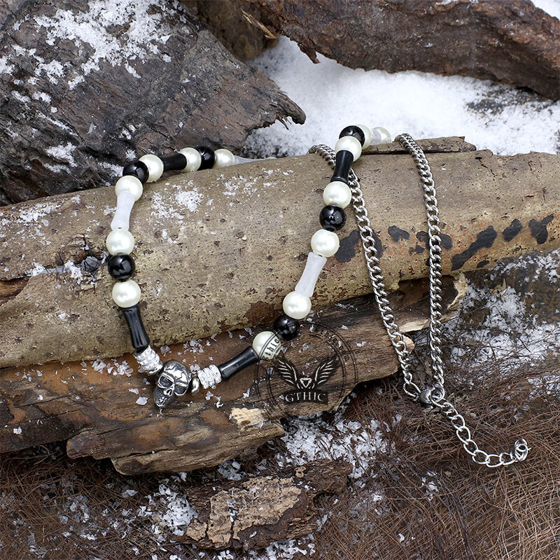 Multi-color Gemstone Beaded Stainless Steel Skull Necklace