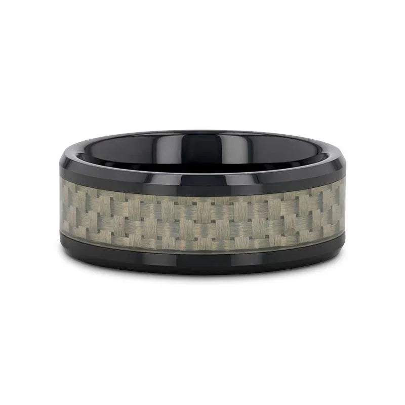 MYSTIQUE Beveled White Carbon Fiber Inlaid Ceramic Ring - 8mm