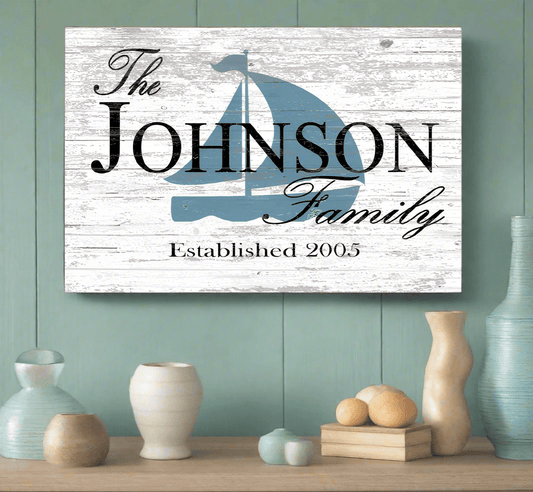 Custom Lake or Beach House Sign – Personalized Sailboat Design with Family Name & Established Year | Nautical Coastal Wall Art