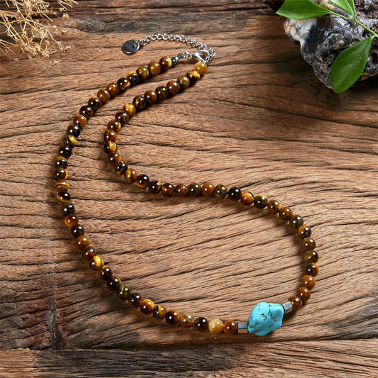 Natural Stone Beads Turquoise Stainless Steel Necklace
