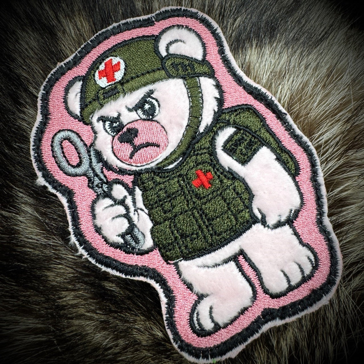Dead Inside Bear - IDFC BEARS - 4" Fuzzy Embroidered Patch - Pink