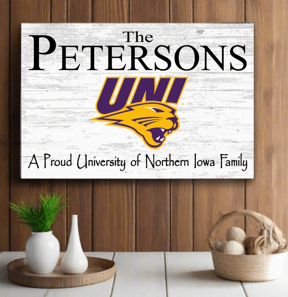 Northern Iowa Family Name Sign – Personalized UNI Wood Wall Art