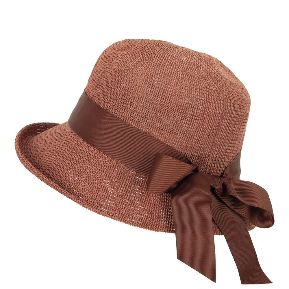 Women's Paper Woven Turn Up Front Brim Wide Ribbon Cloche Hat
