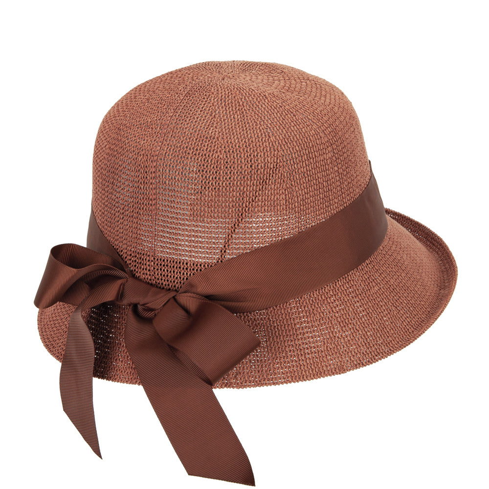 Women's Paper Woven Turn Up Front Brim Wide Ribbon Cloche Hat