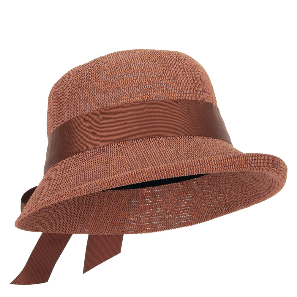 Women's Paper Woven Turn Up Front Brim Wide Ribbon Cloche Hat