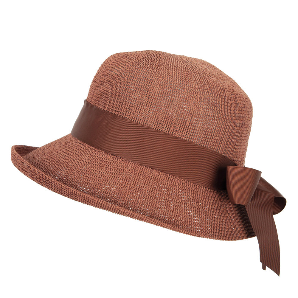 Women's Paper Woven Turn Up Front Brim Wide Ribbon Cloche Hat