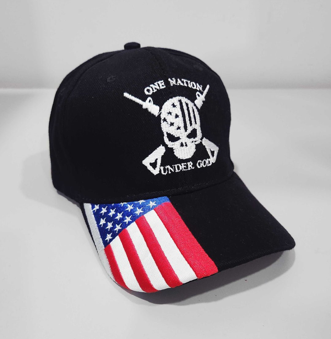 One Nation Under God Skull Custom Embroidered Hat w/ Flag Bill
