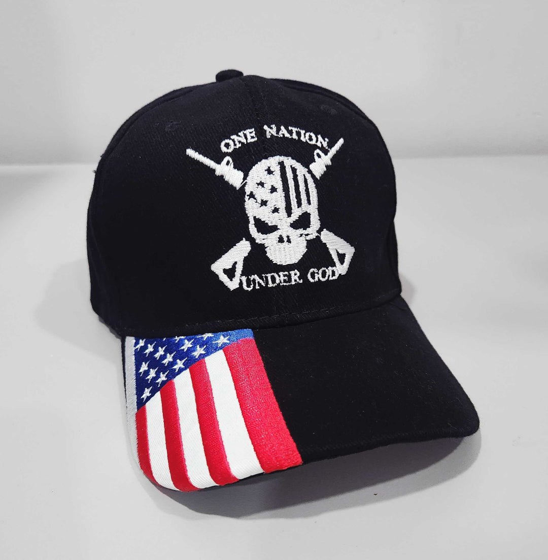 One Nation Under God Skull Custom Embroidered Hat w/ Flag Bill