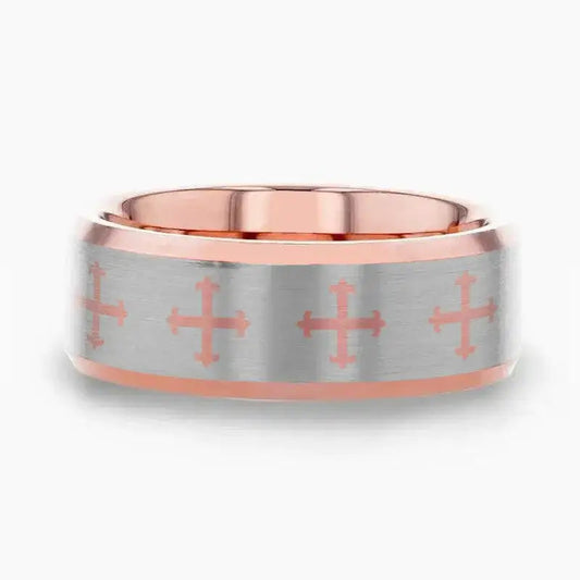 FLEUR CROSS on Flat Rose Gold Plated Tungsten Carbide Ring with Beveled Edges
