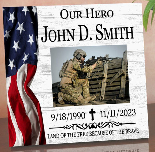 Memorial Military Hero Plaque – Personalized 10.5" x 10.5" Photo Tribute With Name and Dates