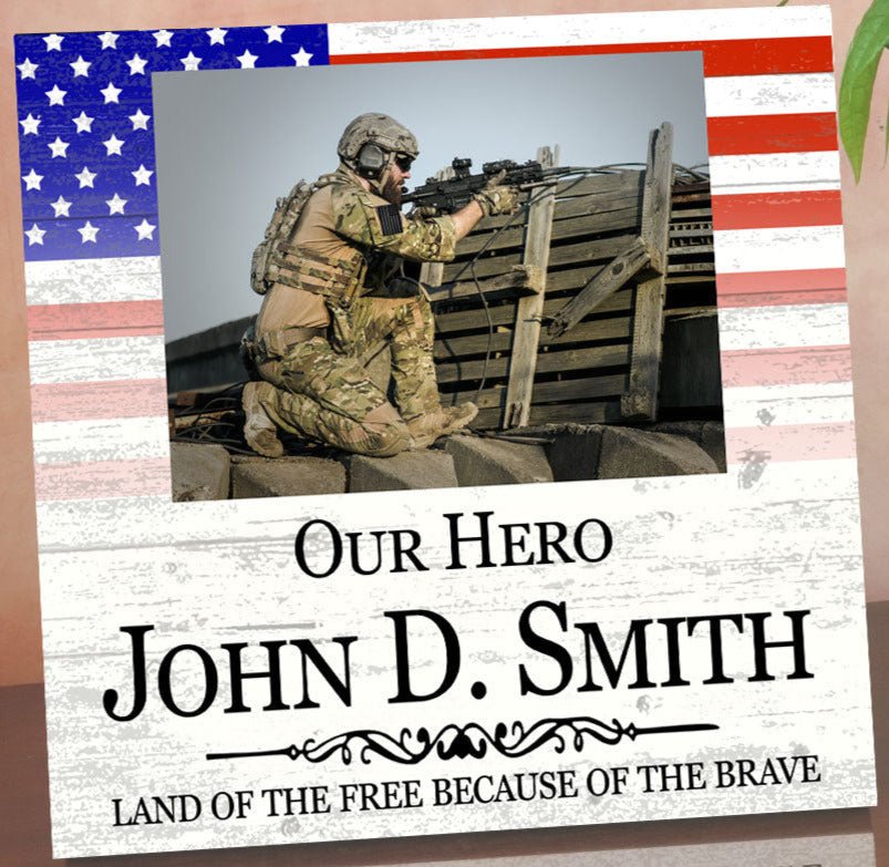 Personalized Military Hero Photo Plaque – 10.5" x 10.5" Square Patriotic Tribute With Custom Name